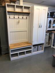 Handmade Wood Hallway Storage Unit - Boot Room Bench, Coat Hooks, Shoe Shelves