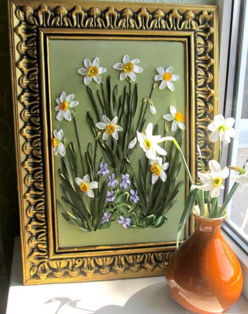 Embroidered Narcissi & Violets, Framed Floral Wall Art - image 1