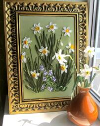 Embroidered Narcissi & Violets, Framed Floral Wall Art - thumbnail 1
