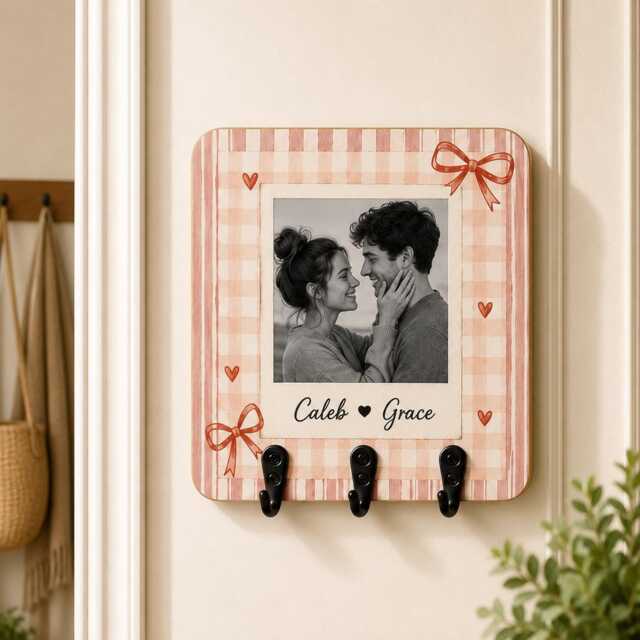 Custom Couple Photo Key Holder, Personalized Plaid Hanger, Coquette Bow Picture Frame With Hook, Anniversary Gift - image 1