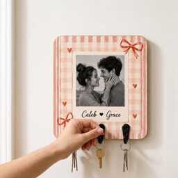 Custom Couple Photo Key Holder, Personalized Plaid Hanger, Coquette Bow Picture Frame With Hook, Anniversary Gift - thumbnail 3