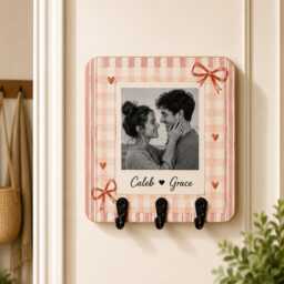 Custom Couple Photo Key Holder, Personalized Plaid Hanger, Coquette Bow Picture Frame With Hook, Anniversary Gift