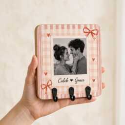Custom Couple Photo Key Holder, Personalized Plaid Hanger, Coquette Bow Picture Frame With Hook, Anniversary Gift - thumbnail 2