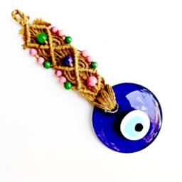 Turkish Evil Eye Royal Blue Wall Decor Glass Hanging Ethnic Nazar Boncuk Art Macrame Protection Good Luck Charm Home Decoration Family Gift - thumbnail 3