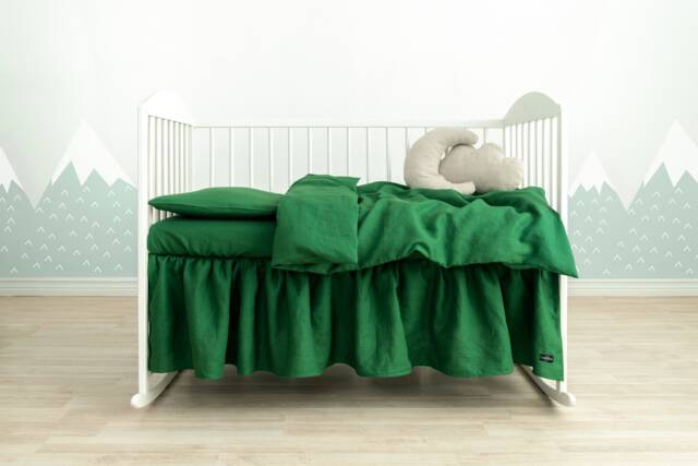 Green Linen Crib Bedding Set, Washed Stonewashed - image 1