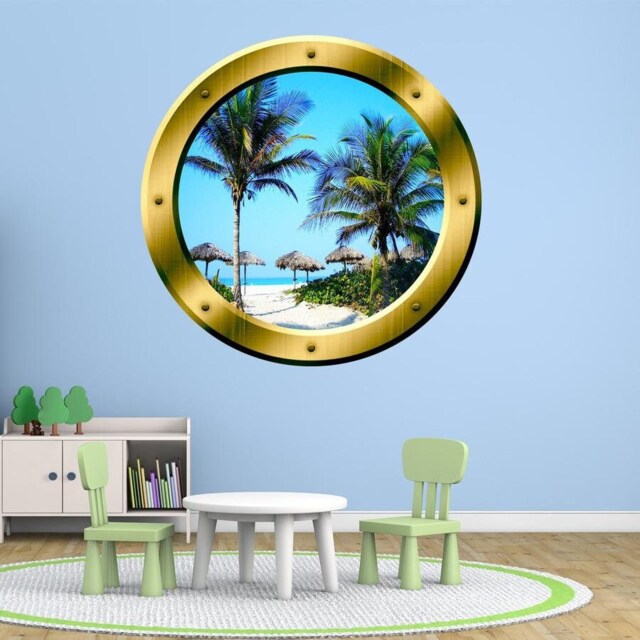 Palm Trees 3D Porthole Vinyl Vacation Scenery Decal Family Wall Art Beach Scene Window Gold Portal Home Decor - Vwaq Gp14