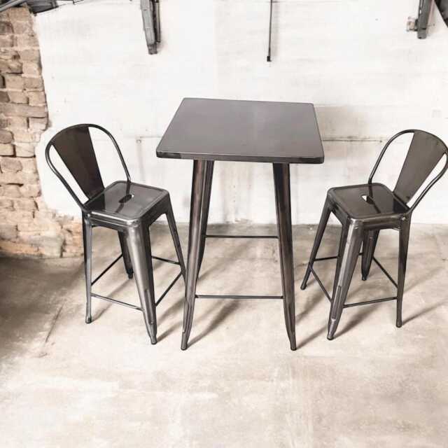Metal Tolix Bar Stool With Table Dining Bistro Set, Silver Stacking Industrial Counter Kitchen Pub Outdoor Garden Furniture - image 1