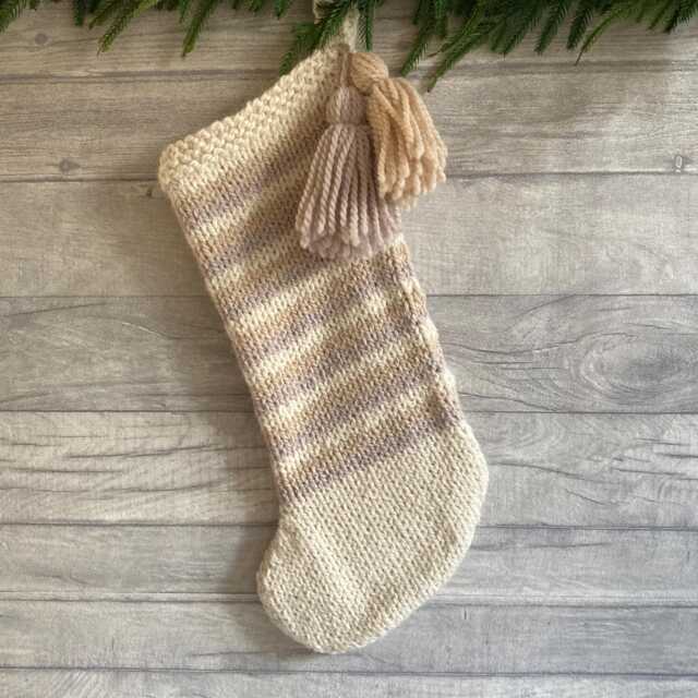 Neutral Chunky Knit Christmas Stocking Cozy Striped Handmade Mantel Decor - image 1