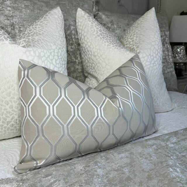"Natural Silver Geometric Cushion Cover, Modern Pillow Cover For Sofa Or Bed, Rectangle Bolster 12"" X 20" - image 1