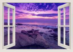 Sea Wall Decal Mural, Sunset Rocks Decal, Clouds Nature Sticker, 3D Window View Living Room Bedroom Home Decor