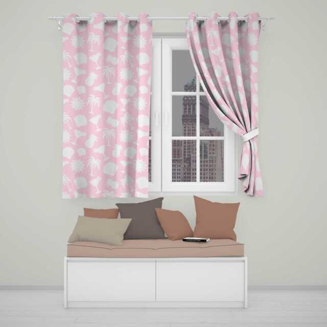 Tropical Beach Soft Pastel Palm Pineapple Cocktail Shell Seamless Pattern Readymade Eyelet Ring Top Thermal 100% Blackout Curtains - image 1