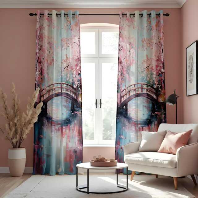 Cherry Blossom Bridge Curtains, Japanese Garden Window Drapes, Pink Floral Landscape Curtain Panels, Romantic Spring Decor For Living Room - image 1