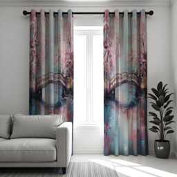 Cherry Blossom Bridge Curtains, Japanese Garden Window Drapes, Pink Floral Landscape Curtain Panels, Romantic Spring Decor For Living Room - thumbnail 3