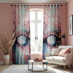 Cherry Blossom Bridge Curtains, Japanese Garden Window Drapes, Pink Floral Landscape Curtain Panels, Romantic Spring Decor For Living Room