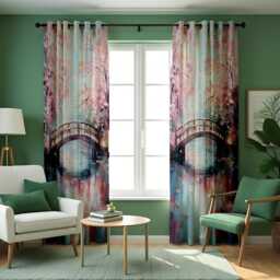 Cherry Blossom Bridge Curtains, Japanese Garden Window Drapes, Pink Floral Landscape Curtain Panels, Romantic Spring Decor For Living Room - thumbnail 2