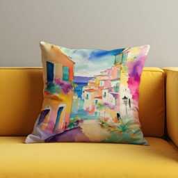 Colorful Coastal Town Cushion Cover, Painted Mediterranean Village Street View Pillow Case, Summer Vibes Home Decoration - thumbnail 2
