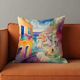 Colorful Coastal Town Cushion Cover, Painted Mediterranean Village Street View Pillow Case, Summer Vibes Home Decoration