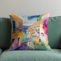 Colorful Coastal Town Cushion Cover, Painted Mediterranean Village Street View Pillow Case, Summer Vibes Home Decoration - thumbnail 3