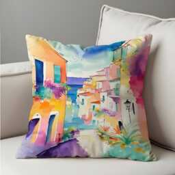 Colorful Coastal Town Cushion Cover, Painted Mediterranean Village Street View Pillow Case, Summer Vibes Home Decoration - thumbnail 4