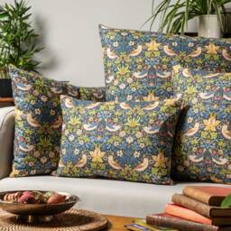 William Morris Strawberry Thief Printed Extra-Large Cushion in Blue. Vintage Arts & Crafts Botanical Floral Print. 23X23 - thumbnail 3
