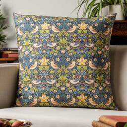 William Morris Strawberry Thief Printed Extra-Large Cushion in Blue. Vintage Arts & Crafts Botanical Floral Print. 23X23 - thumbnail 1