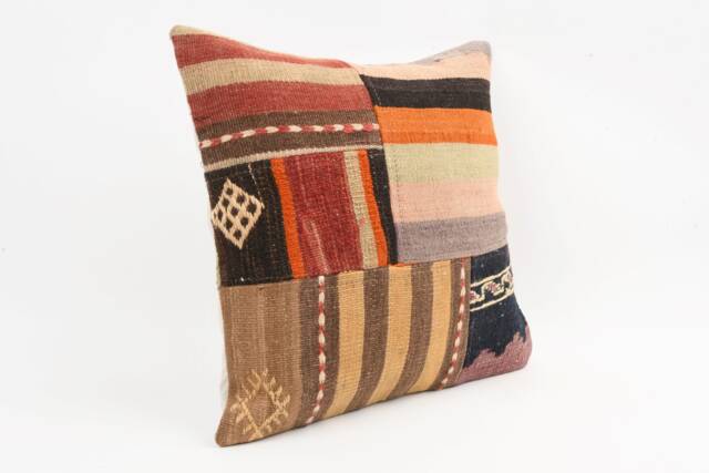 Vintage Turkish Kilim Pillow Cover Handwoven Wool Rug Cushion - 16x16 - image 1