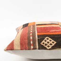 Vintage Turkish Kilim Pillow Cover Handwoven Wool Rug Cushion - 16x16 - thumbnail 2