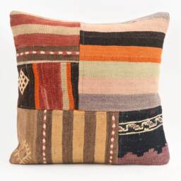 Vintage Turkish Kilim Pillow Cover Handwoven Wool Rug Cushion - 16x16 - thumbnail 3