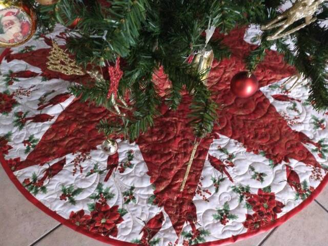 Christmas Tree Skirt, Red & Gold, Cardinal, Poinsettia, Holly, Quilted, Ready To Ship - image 1