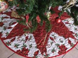 Christmas Tree Skirt, Red & Gold, Cardinal, Poinsettia, Holly, Quilted, Ready To Ship