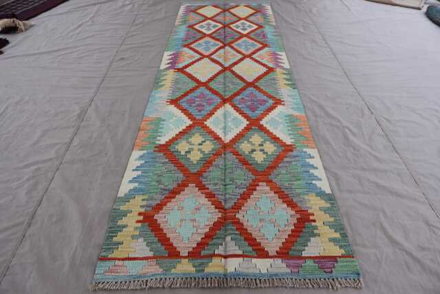 Turquoise 10 Ft Runner Rug - Afghan Handmade Natural Dyes Wool Rug, Flatweave Kilim Boho Hallway Kitchen Carpet - image 1