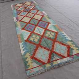Turquoise 10 Ft Runner Rug - Afghan Handmade Natural Dyes Wool Rug, Flatweave Kilim Boho Hallway Kitchen Carpet - thumbnail 2