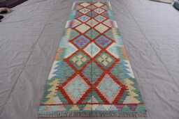 Turquoise 10 Ft Runner Rug - Afghan Handmade Natural Dyes Wool Rug, Flatweave Kilim Boho Hallway Kitchen Carpet - thumbnail 1