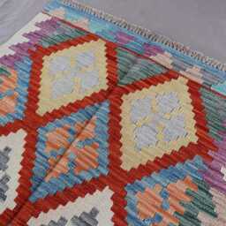 Turquoise 10 Ft Runner Rug - Afghan Handmade Natural Dyes Wool Rug, Flatweave Kilim Boho Hallway Kitchen Carpet - thumbnail 3