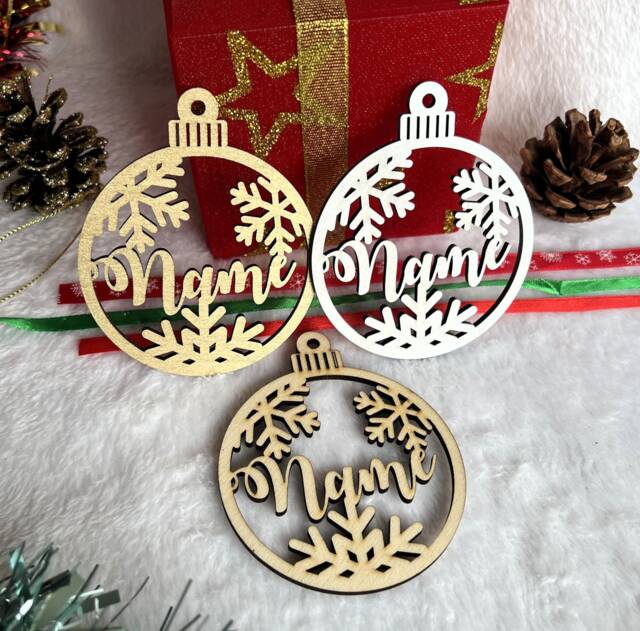 Christmas Snowflake Bauble, Personalised Name, For Tree, Custom Decoration, Xmas Name Hanging Wood - image 1