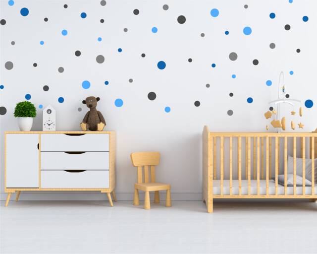 Pack Of 125 Polka Dot Wall Decals, Grey & Blue Stickers, Minimalist Nursery Decor, Playroom Kids Room Stickers