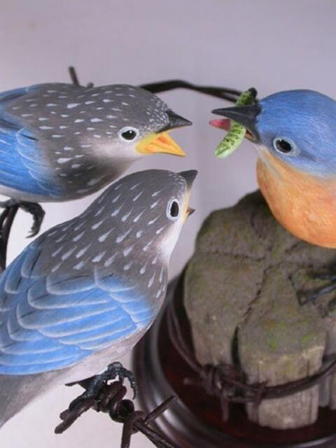 Eastern Bluebird Female With 2 Babies Hand Carved Wooden Bird - image 1