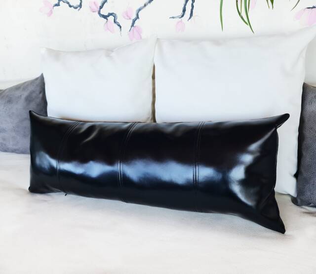 Black Faux Leather Lumbar Pillow Cover Modern 4-Piece Design - image 1