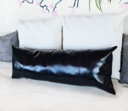 Black Faux Leather Lumbar Pillow Cover Modern 4-Piece Design - thumbnail 1