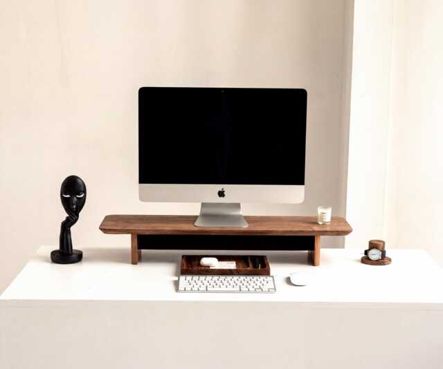 Wood Monitor Stand, Solid Walnut Desk Shelf - Dual Screen Ergonomic Riser Custom Width - image 1