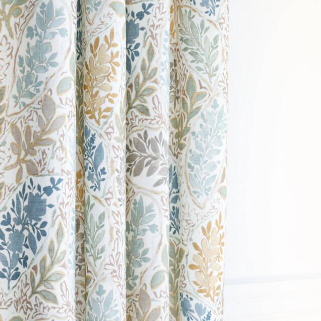 Floral Linen Blend Curtain Panel Aqua, Sage, Marigold Print - image 1