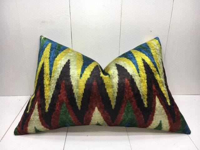 Ikat Velvet Pillow Cover - 16x24, Handwoven Silk Accent Cushion - image 1