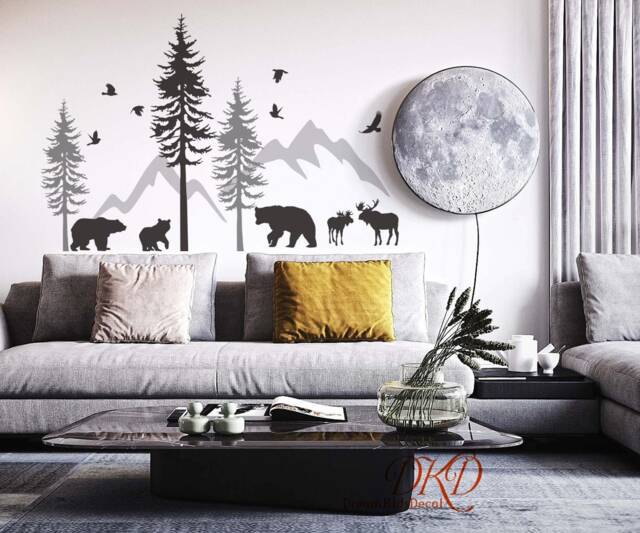 Pine Tree Wall Decals Stickers, Mountains Wall Decal, Woodland Nursery Decor, Deer, Bear Decal Kids Room Decal-Dk413 - image 1