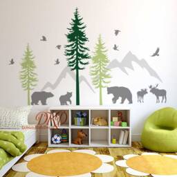 Pine Tree Wall Decals Stickers, Mountains Wall Decal, Woodland Nursery Decor, Deer, Bear Decal Kids Room Decal-Dk413 - thumbnail 3