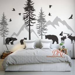 Pine Tree Wall Decals Stickers, Mountains Wall Decal, Woodland Nursery Decor, Deer, Bear Decal Kids Room Decal-Dk413 - thumbnail 2