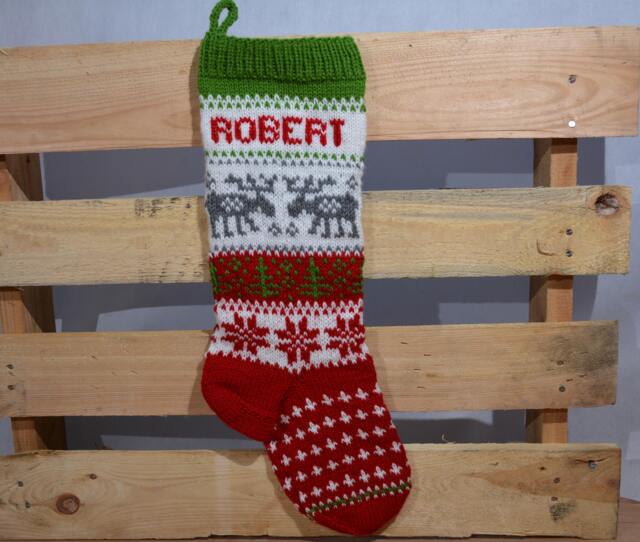 Hand Knitted Christmas Stocking, Home Decor, Personalized Christams Stocking With Deers - image 1