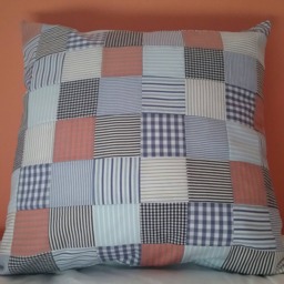 Patchwork Cushion - Shirt Memory Blue, Black & Terracotta Checks Stripes Nautical Cover - thumbnail 2