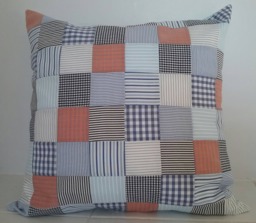 Patchwork Cushion - Shirt Memory Blue, Black & Terracotta Checks Stripes Nautical Cover