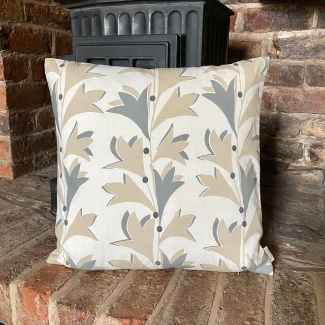 649. Handmade Cream & Grey Leaves 100% Cotton Cushion Cover. Various Sizes