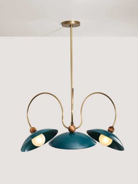 1950S Mid Century Modern Brass Chandelier Green Enamel Shades, Walnut Detail - image 1